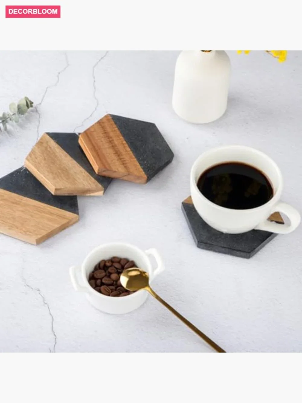Set of 4 Hexagon Acacia Wood and Marble Coasters for Drinks, Modern Rustic Bar